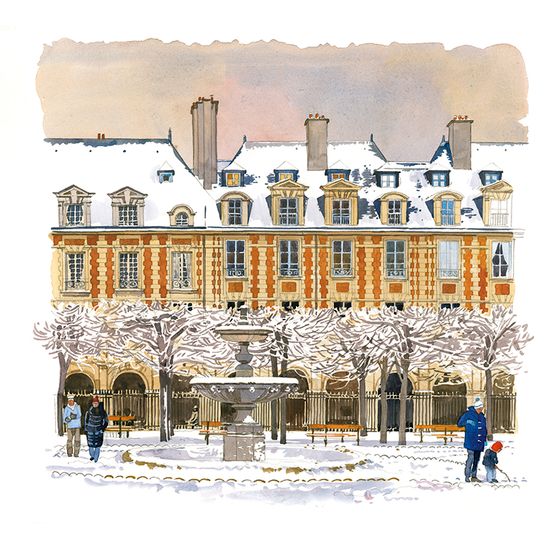 Aquarelle de Fabrice Moireau, Place des Vosges, Paris